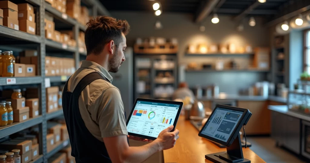 Gestor conferindo estoque em prateleiras com tablet integrado ao PDV
