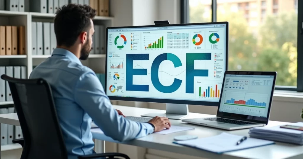 Empresário analisando declaração ECF no computador com gráficos fiscais e contábeis