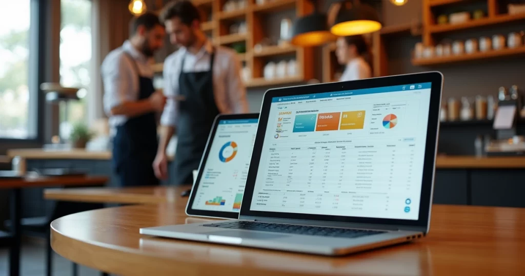 Gestor analisando ficha técnica digital em sistema de PDV em restaurante