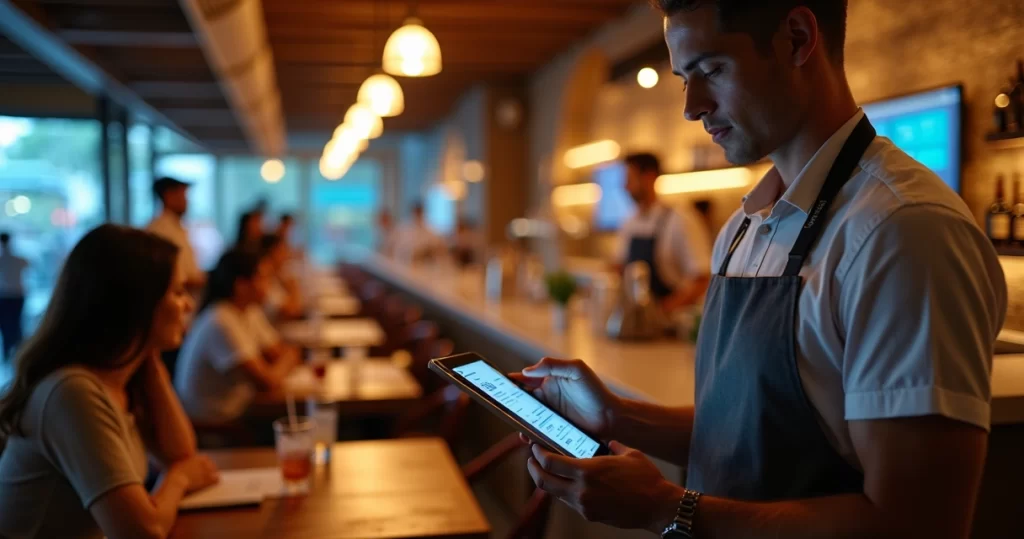 Garçom usando comanda eletrônica em tablet em bar movimentado