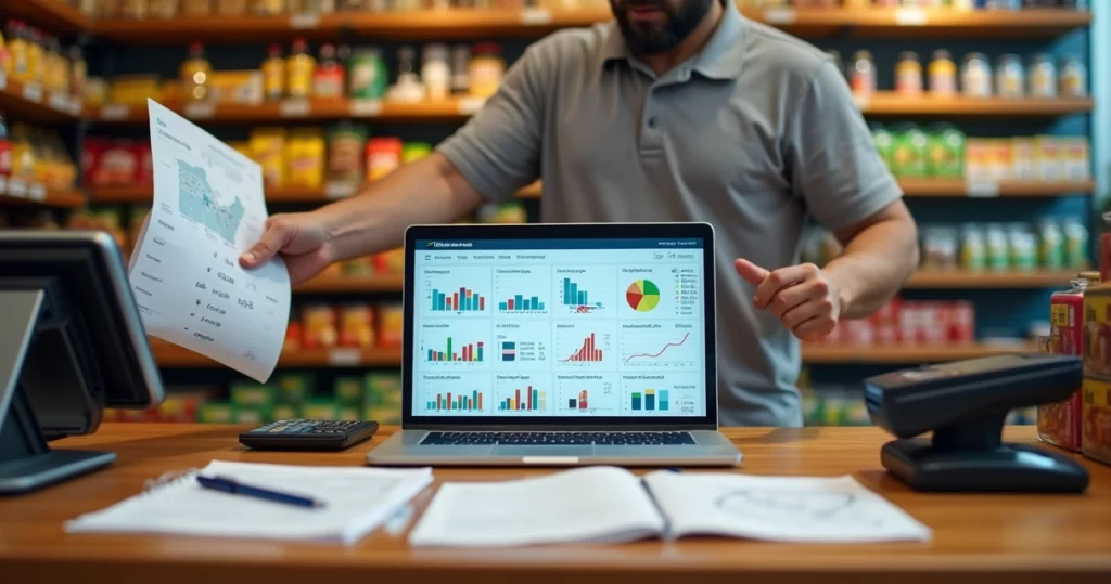 Gestor de pequeno varejo analisando relatórios de CMV em notebook no balcão da loja