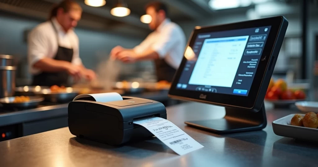 Impressora de cozinha imprimindo pedidos em ambiente profissional de restaurante