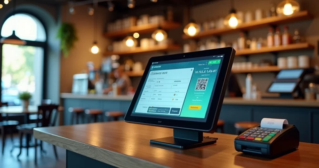 Caixa de loja com cupom NFC-e em tela de computador ao lado de maquininha de cartão