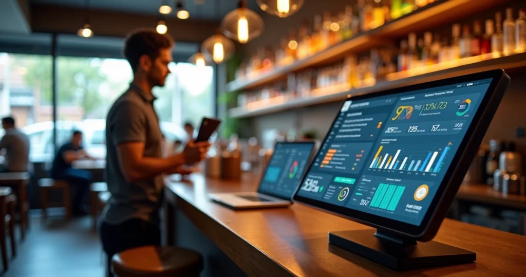 Atendente usando sistema de PDV com tela de compras e controle de estoque em bar ou restaurante moderno