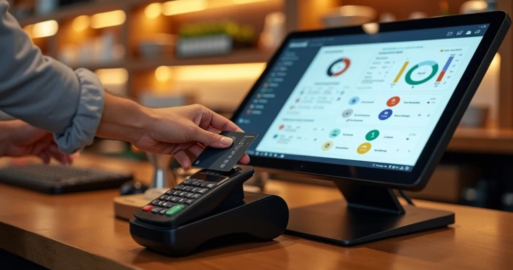 Pin Pad integrado ao sistema de PDV em balcão de restaurante moderno