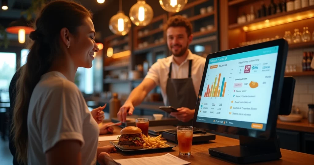 Atendente de restaurante oferecendo upgrade no pedido enquanto usa sistema de PDV com gráficos de vendas