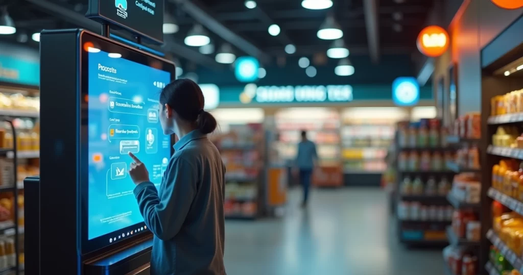 Cliente usando quiosque de autoatendimento com interface de comandos inteligentes no mercado