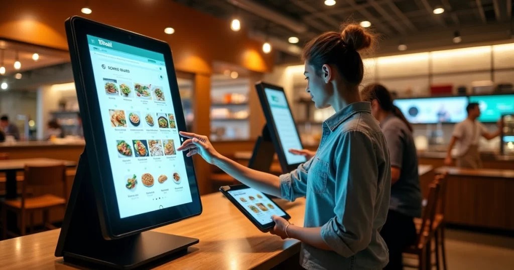 Cliente monta pedido em catálogo digital com autoatendimento em restaurante moderno