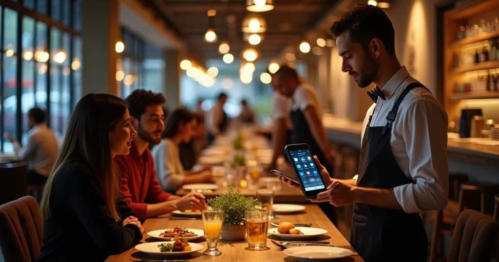 Garçom usando PDV móvel para fechar conta direto na mesa do restaurante