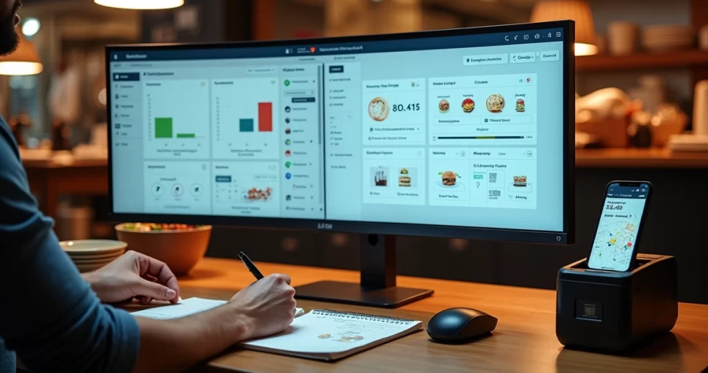 Painel digital de restaurante exibindo cardápio integrado a pedidos de delivery