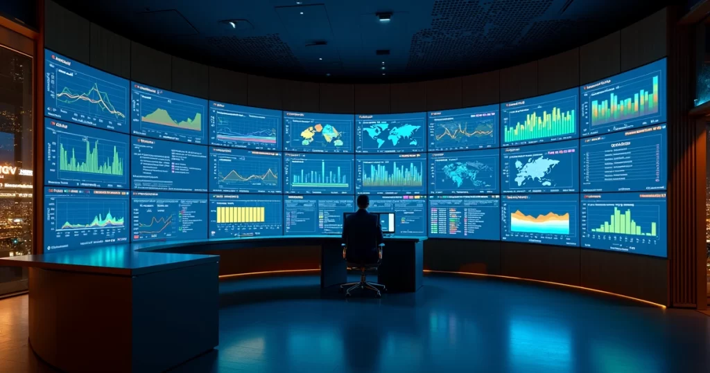 Gestor observa videowall com dashboards em tempo real iluminando sala moderna