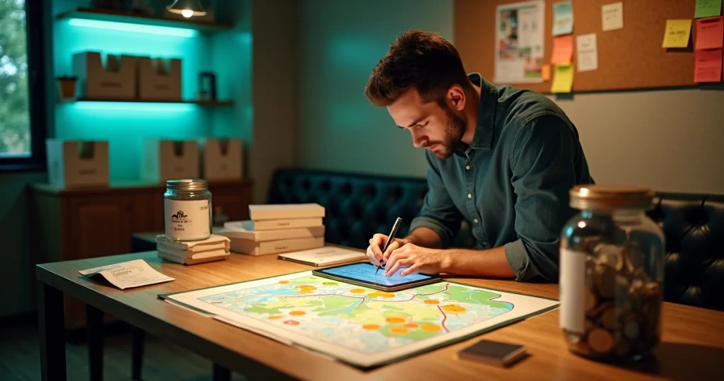 Dono de restaurante planejando taxas de entrega em mapa com zona de delivery e custos