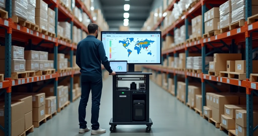 Gestor monitora painel digital de controle de estoque em depósito organizado