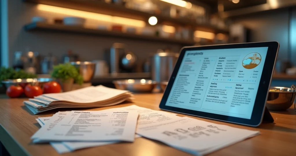 Bancada de cozinha com fichas de papel sendo substituídas por tablet com receitas digitais