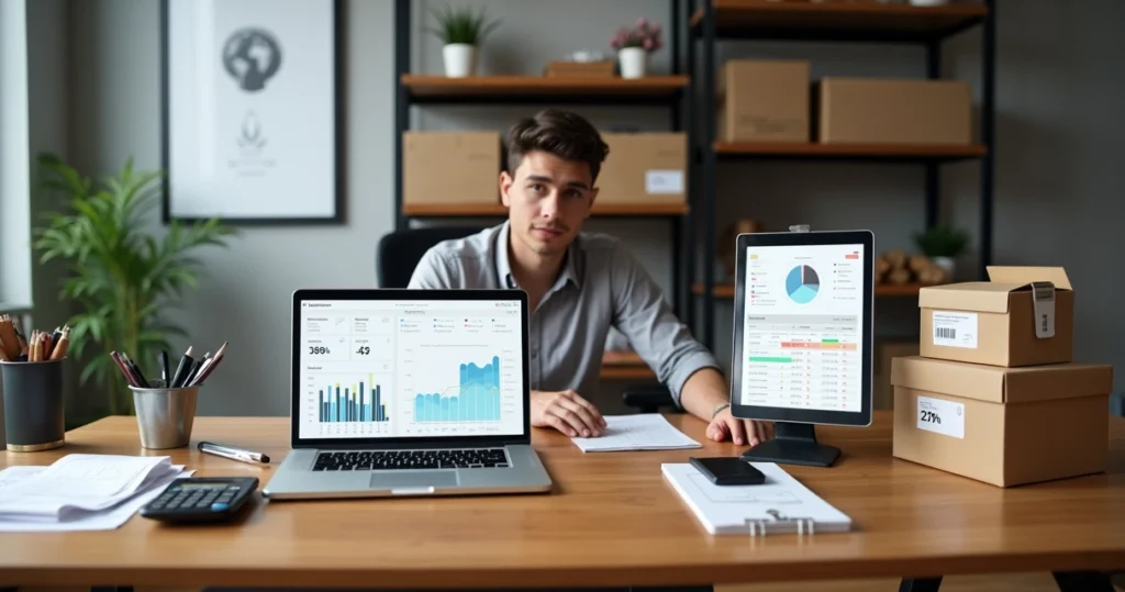Mesa com objetos representando controle financeiro e controle de estoque lado a lado