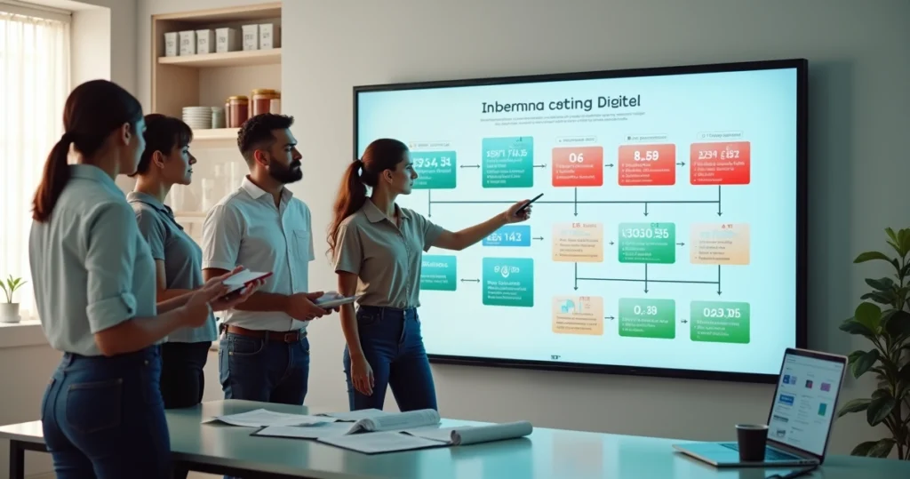 Equipe analisa mural digital com fluxo de ficha técnica destacando erros e correções