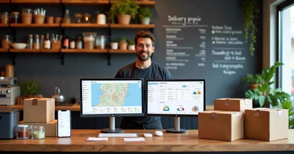 Gestor controla delivery próprio em balcão com computadores e embalagens prontas