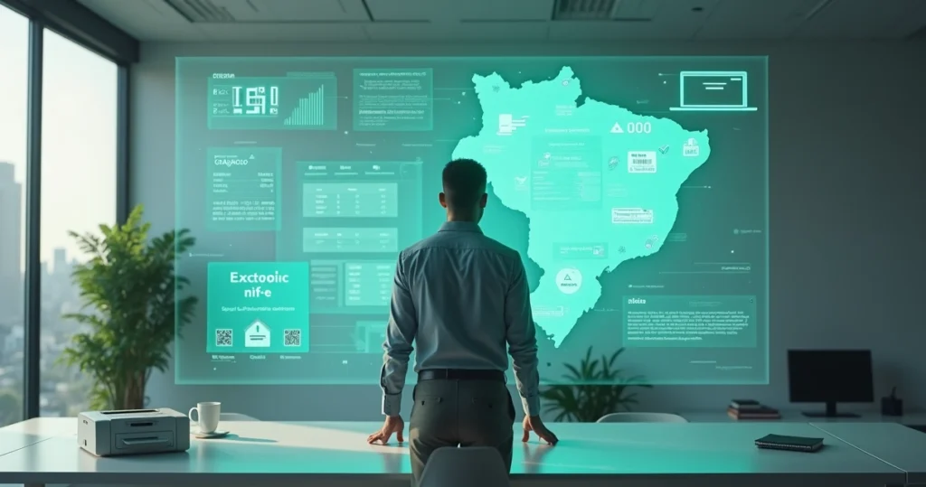 Empresário confere documentos fiscais digitais em tela holográfica com símbolo de nota fiscal