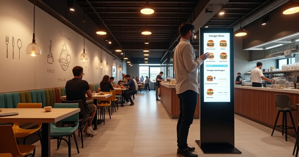 Clientes usando totem de autoatendimento em restaurante moderno