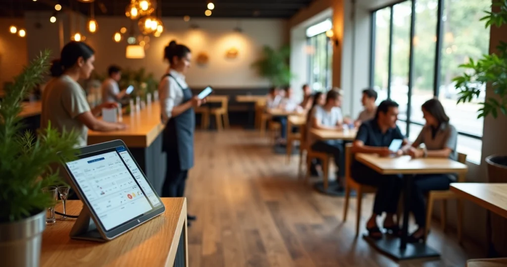 Vista panorâmica de restaurante com equipe usando PDV móvel no salão
