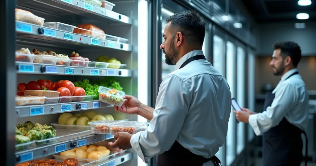Chef organiza geladeira de restaurante com etiquetas de validade coloridas