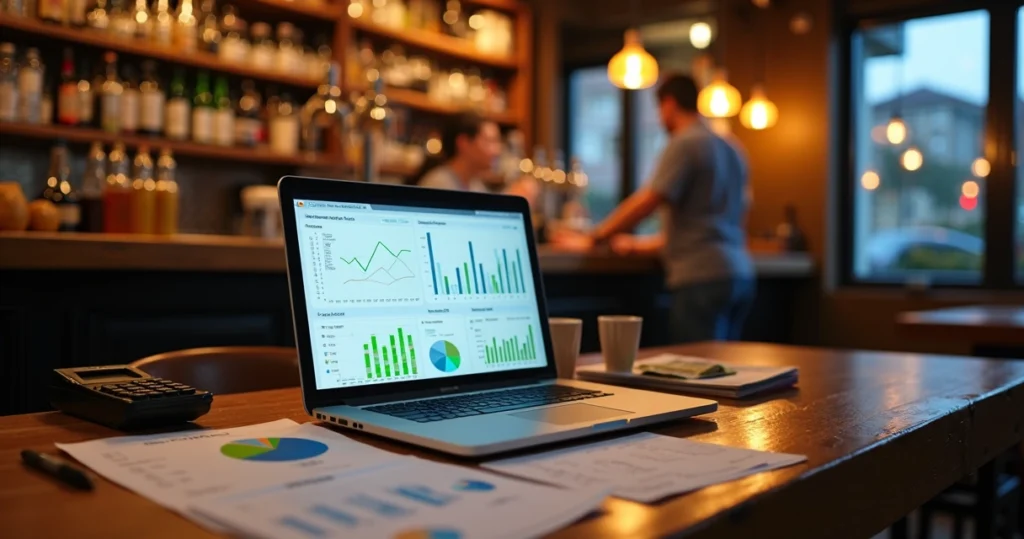 Dono de bar analisa indicadores financeiros em mesa com notebook e gráficos