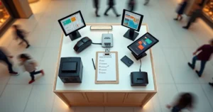 Quiosque moderno visto de cima com equipamentos de tecnologia organizados em prancheta tipo checklist